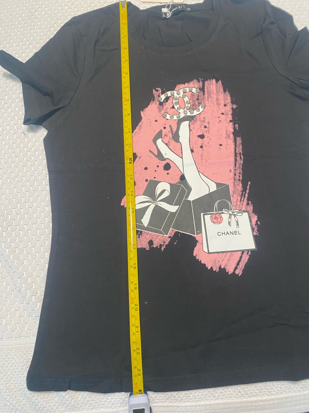 FASHION 21  Black Graphic Logo Tee with Pink Graphic and White Accents